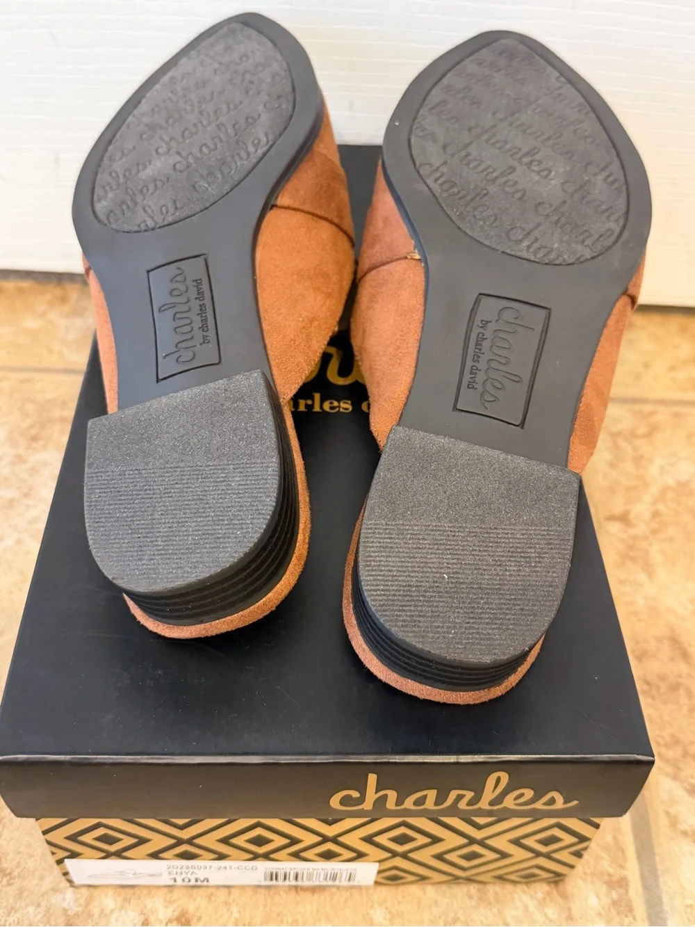 Charles, by Charles & David. Enya Suede Penny Loafer Mule in Cognac Brown. 10M